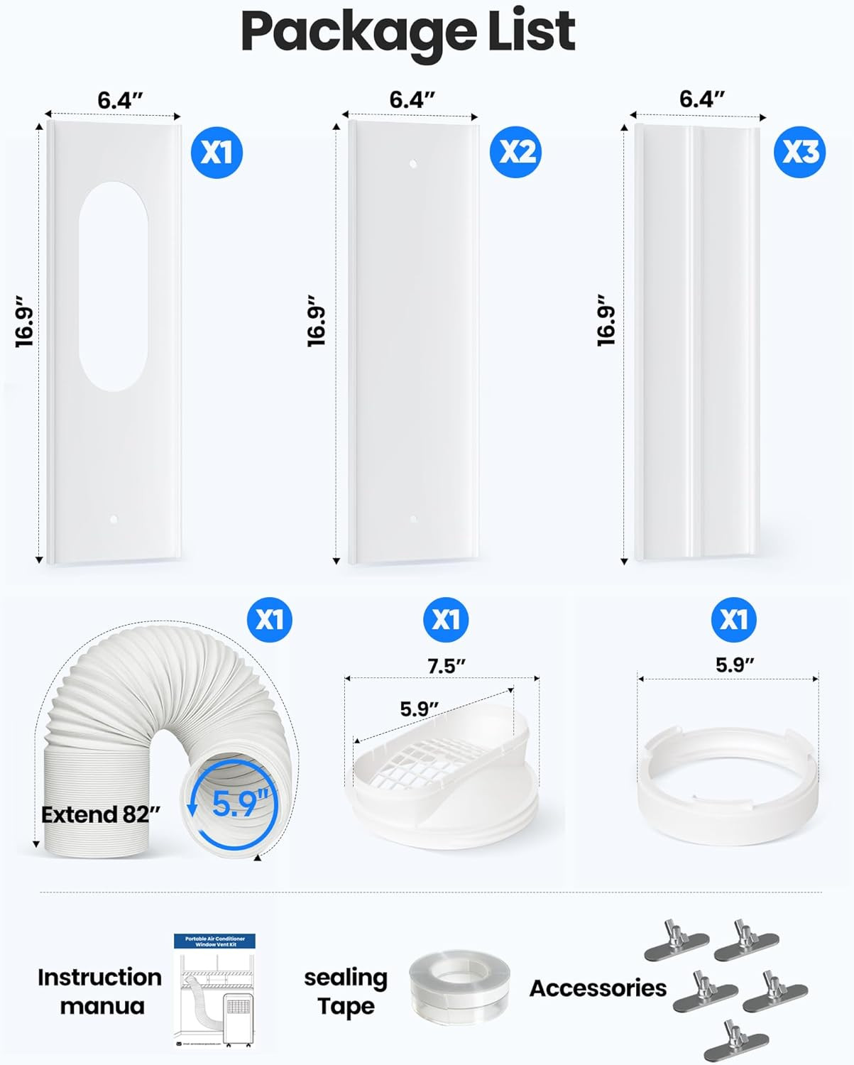 Portable Air Conditioner Window Vent Kit with 82&Prime; Length, 5.9&Prime; Diameter Exhaust