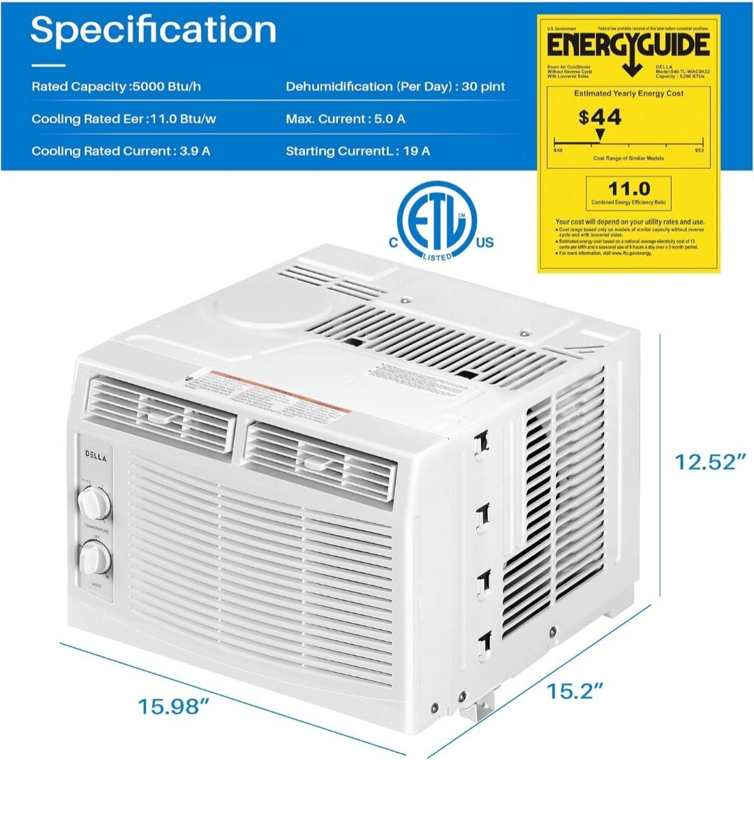 DELLA 5000 BTU Air Conditioner Window Unit 115V/60Hz, Mechanical Controls