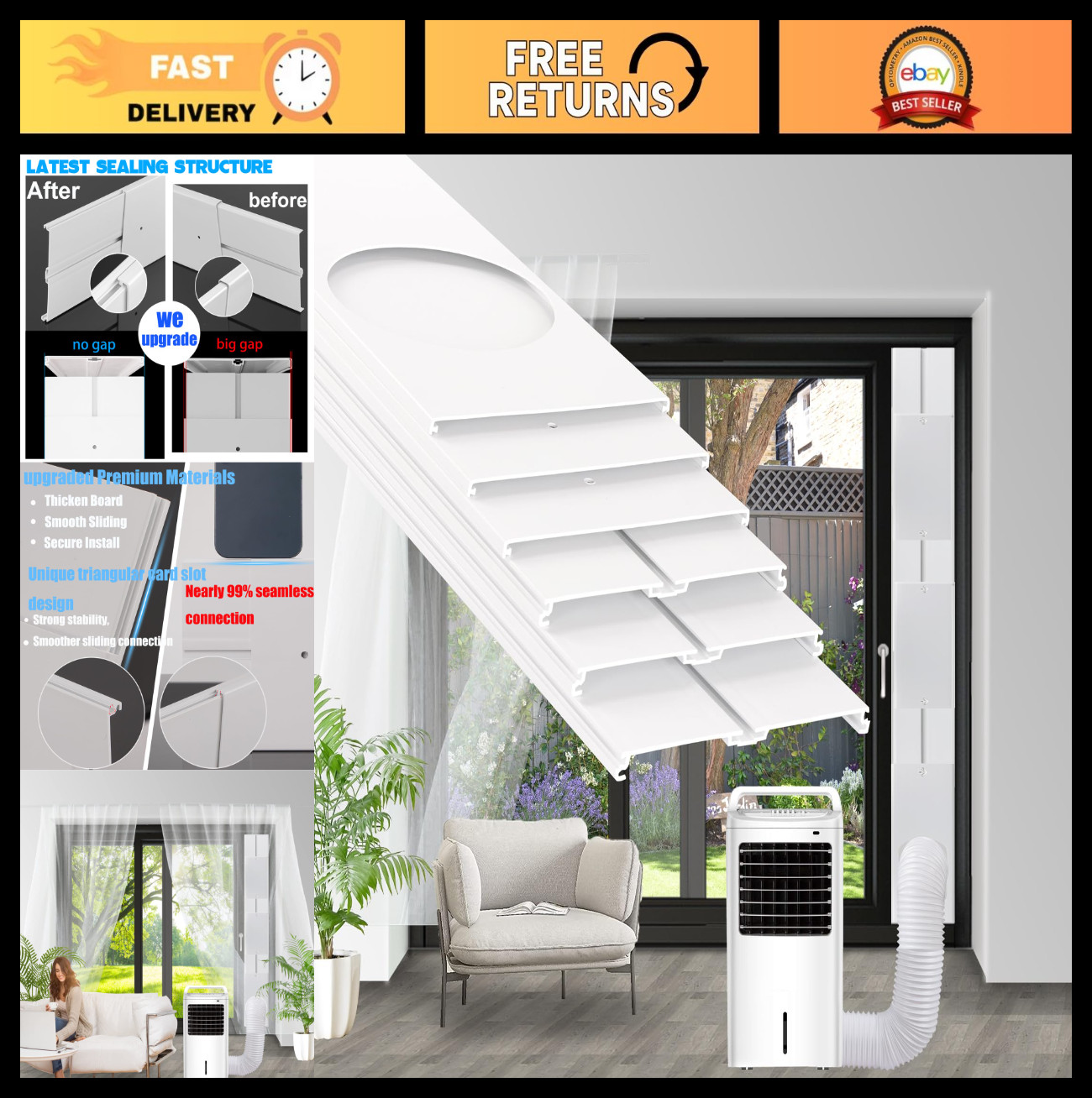 Portable Air Conditioner Vent Kit for Sliding Doors, 90&Prime; Length, Exhaust Hose Ad