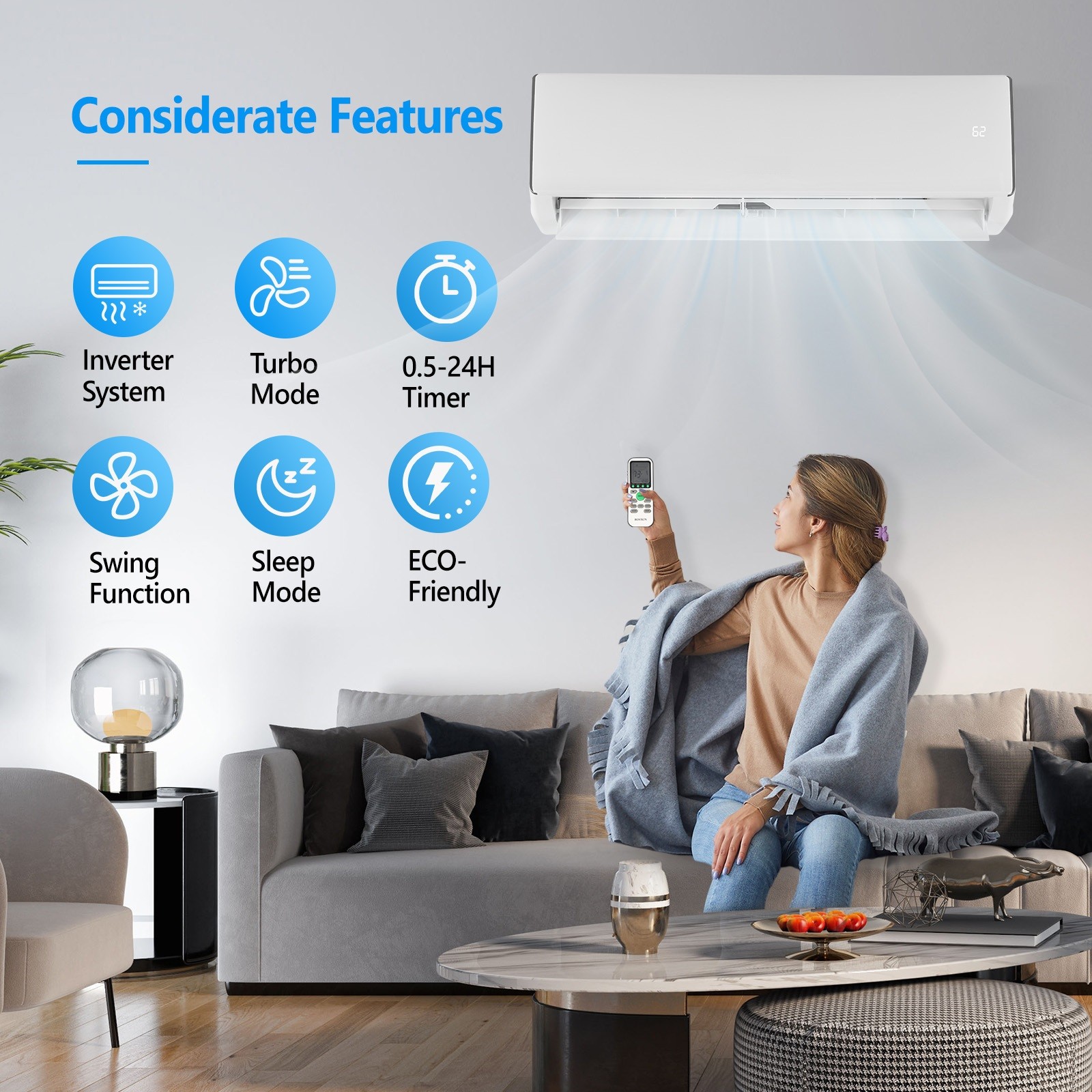 Bonnlo Ductless Mini Split AC with Heater, Split-System Wall Air Conditioner