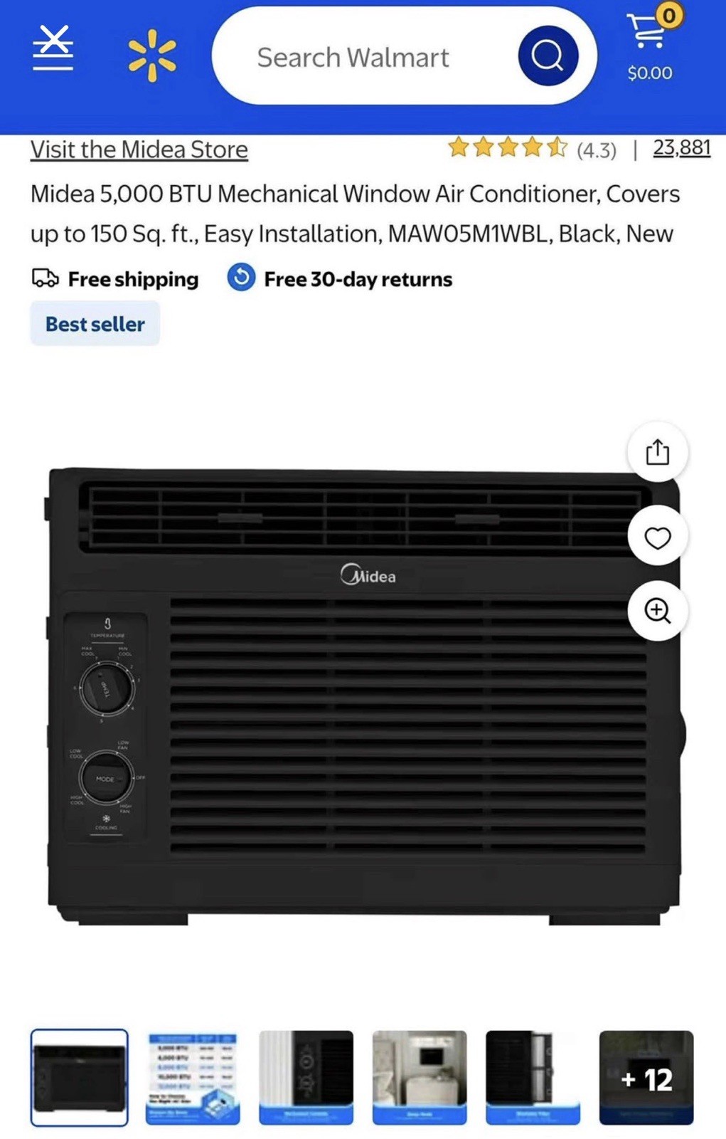 Midea 5,000 BTU Window Air Conditioner MAW05M1WBL Black, Rotary Knob, 2 Speeds