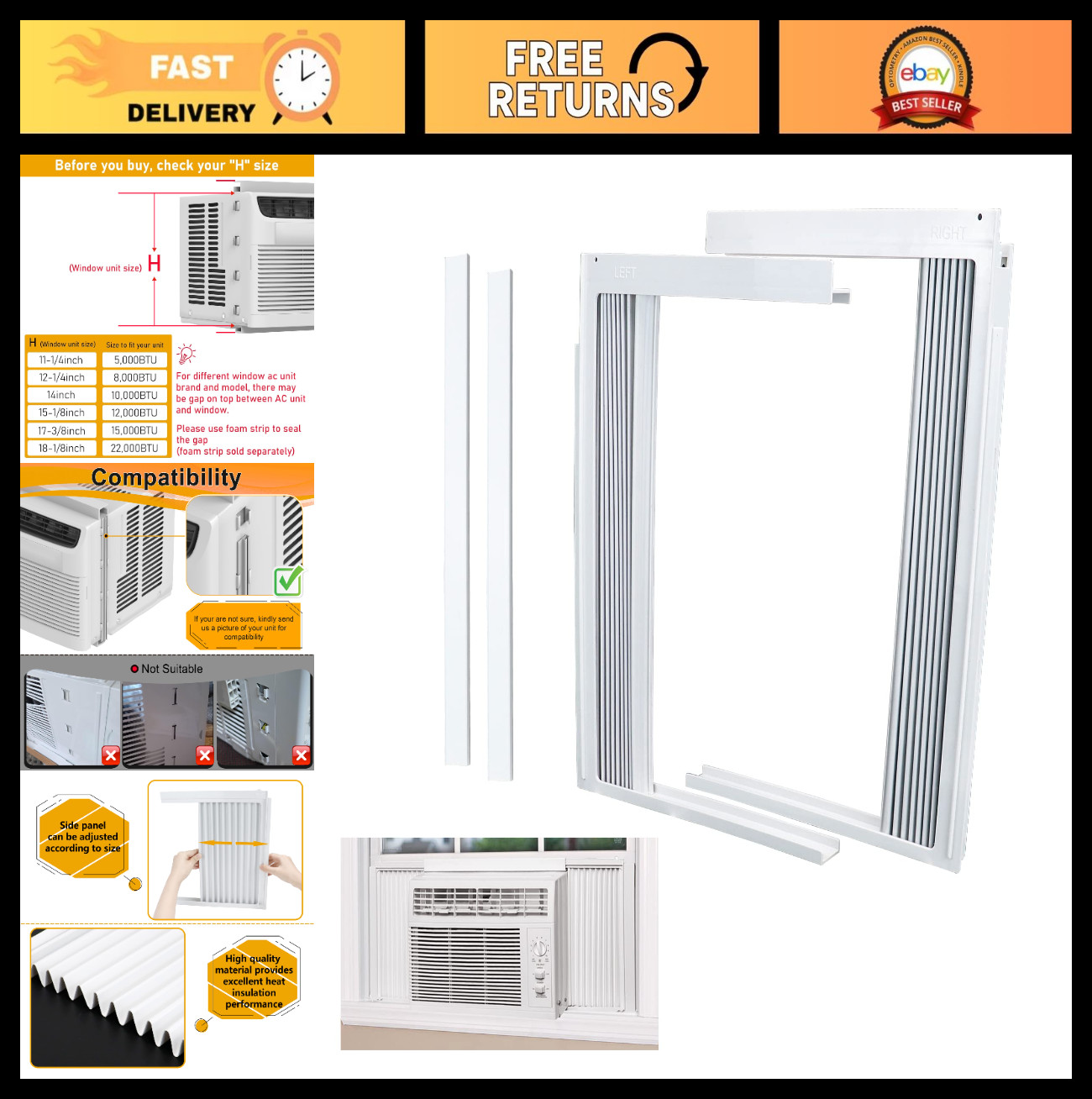Window Air Conditioner Side Panel & Frame Set – AC Accordion Filler Kit, Fits 10