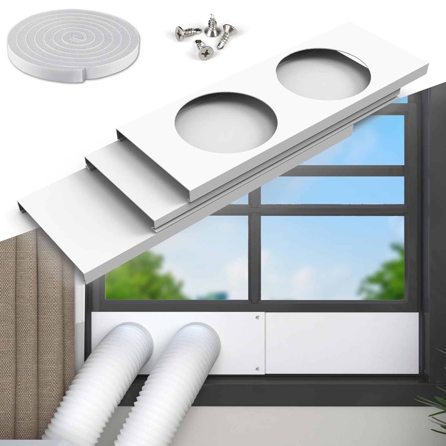 Dual Hose Portable Air Conditioner Kit Adjustable Window Seal Window Air