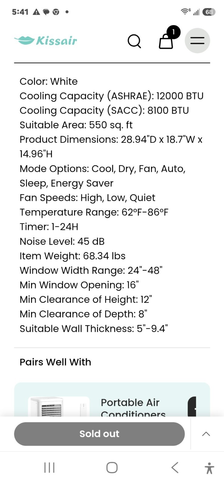 Kissair 12000 BTU U-Shaped Window AC 550 sq ft, Remote, 24Hr Timer, White
