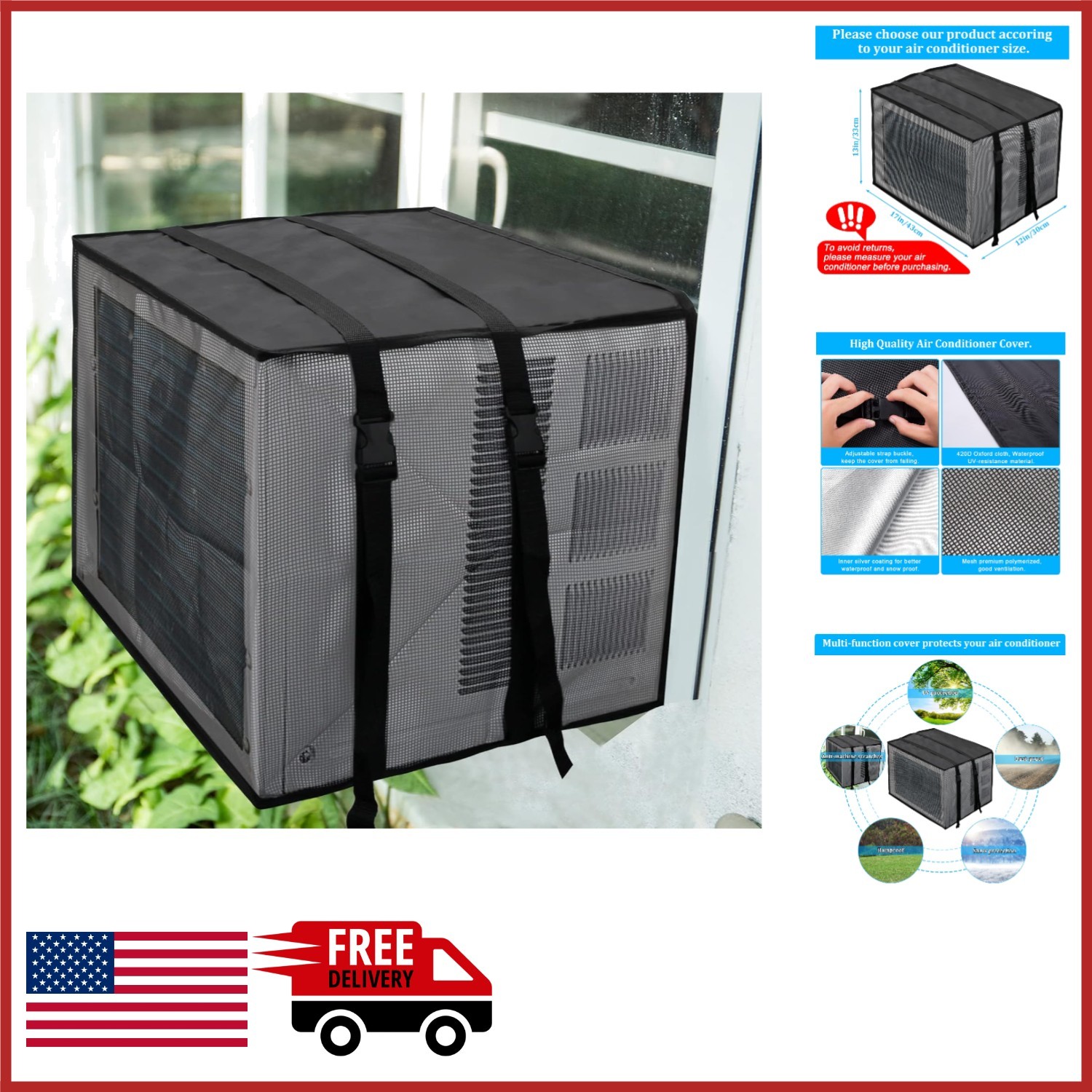Black Mesh AC Cover for Window Units 17W x 12D x 13H Waterproof Protection
