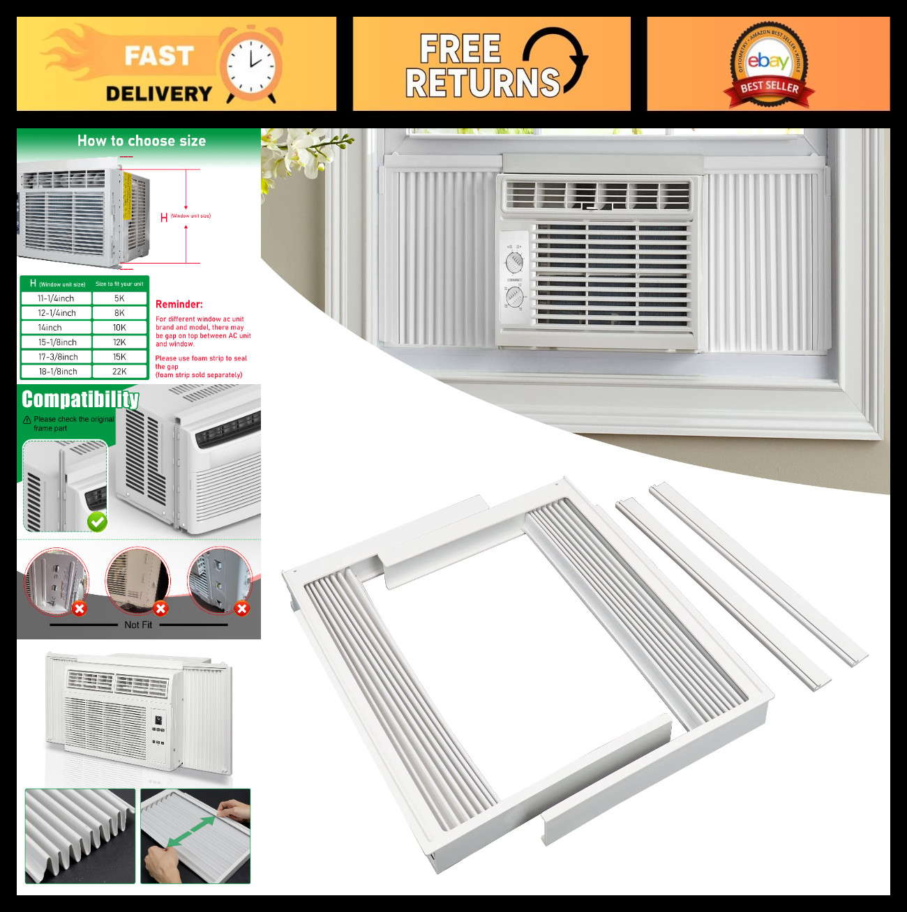 Window AC Side Panel Kit – Accordion Filler Curtain, Fits Most 5,000 BTU Units
