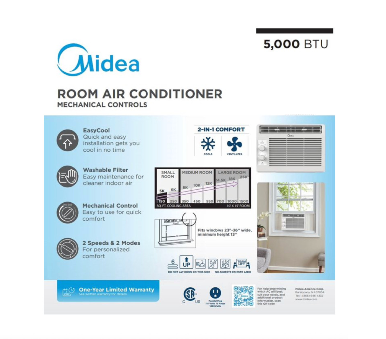 Midea 5,000 BTU 150 Sq ft Mechanical Window Air Conditioner White New