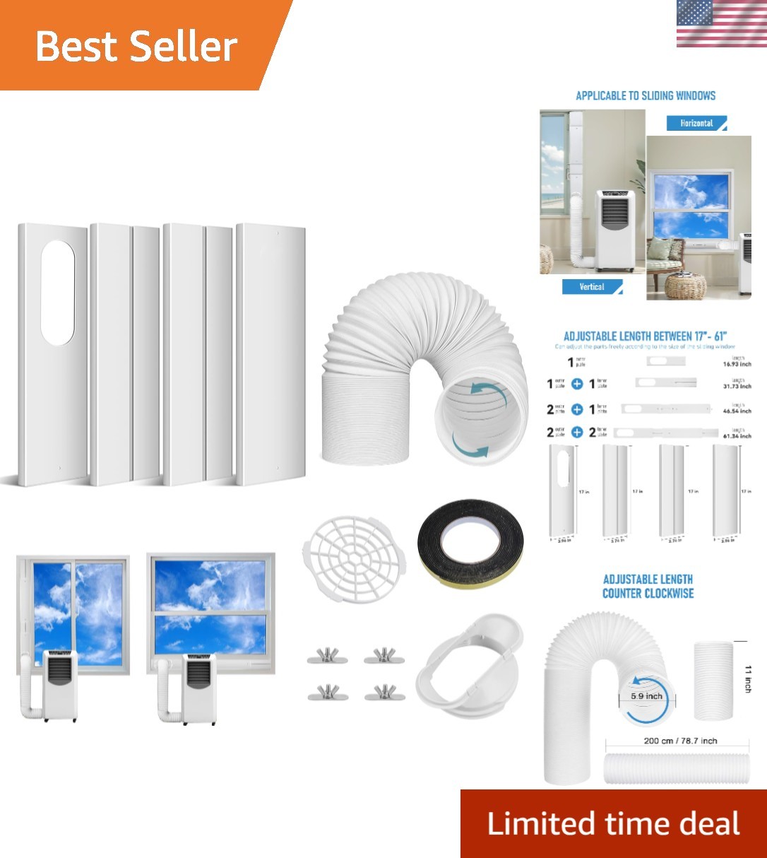 Ultimate Portable Air Conditioner Window Vent Kit | 5.9&Prime; Exhaust Hose & 4 Plates