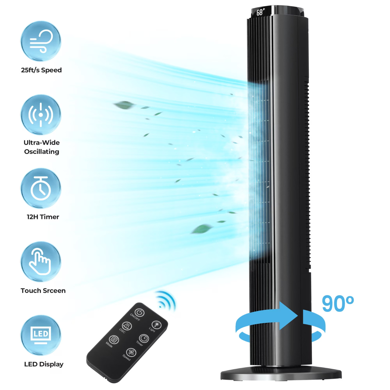 KISSAIR 37&Prime; Tower Fan Remote,6 Speeds,4 Modes,LED Display, 12H Timer, 90° move