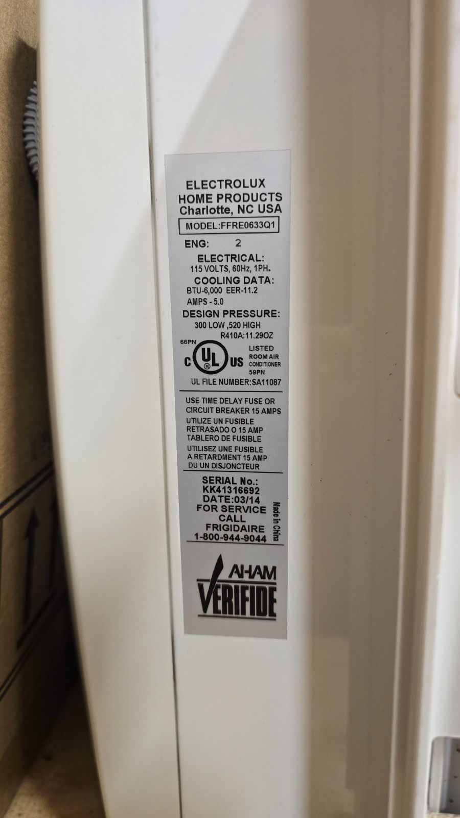 Electrolux / Frigidaire – Model #FFRE0633Q1 – 6,000 btu – Window Air Conditioner
