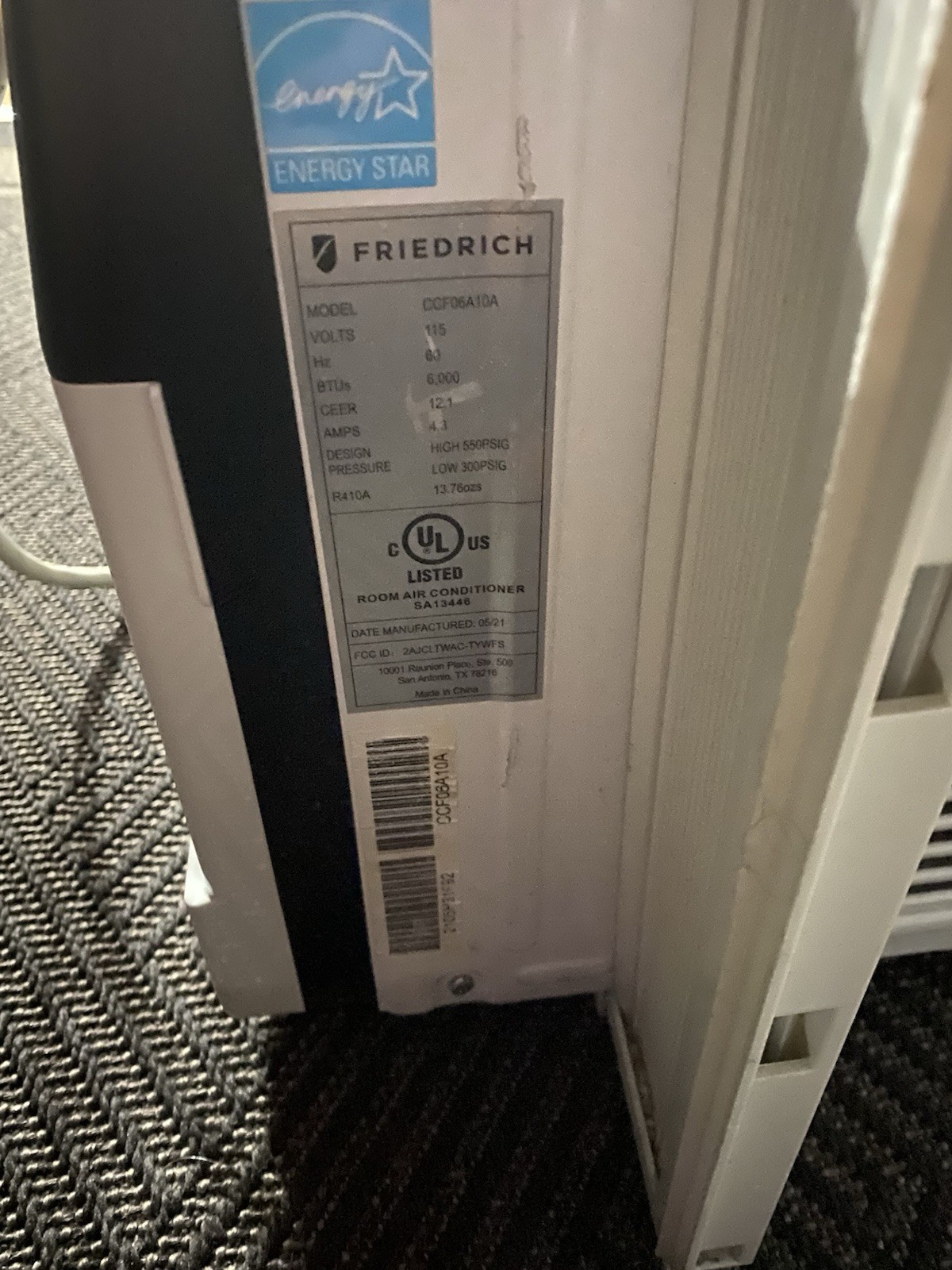 Friedrich CCP06A10A 6000 BTU 115V Window AC, Remote, White/Black