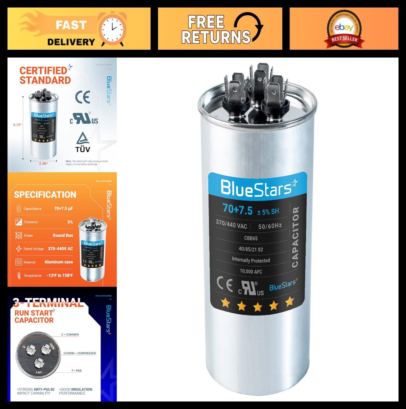 70/7.5 uF Dual Run Capacitor 370/440V for Air Conditioner & Heat Pump – UL Certi