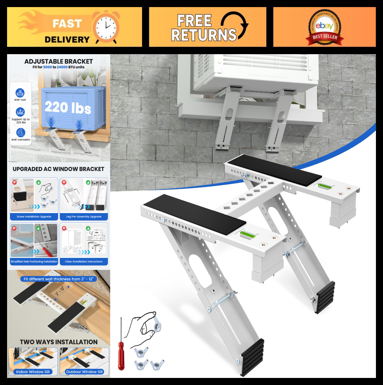 Universal Window Air Conditioner Support Bracket – 220lbs Dual Arm Heavy Duty AC