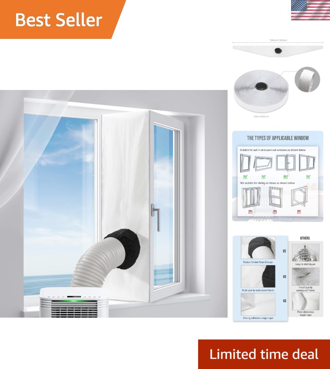 Portable AC Window Seal Kit 118 Inch for Casement Windows White Polyester