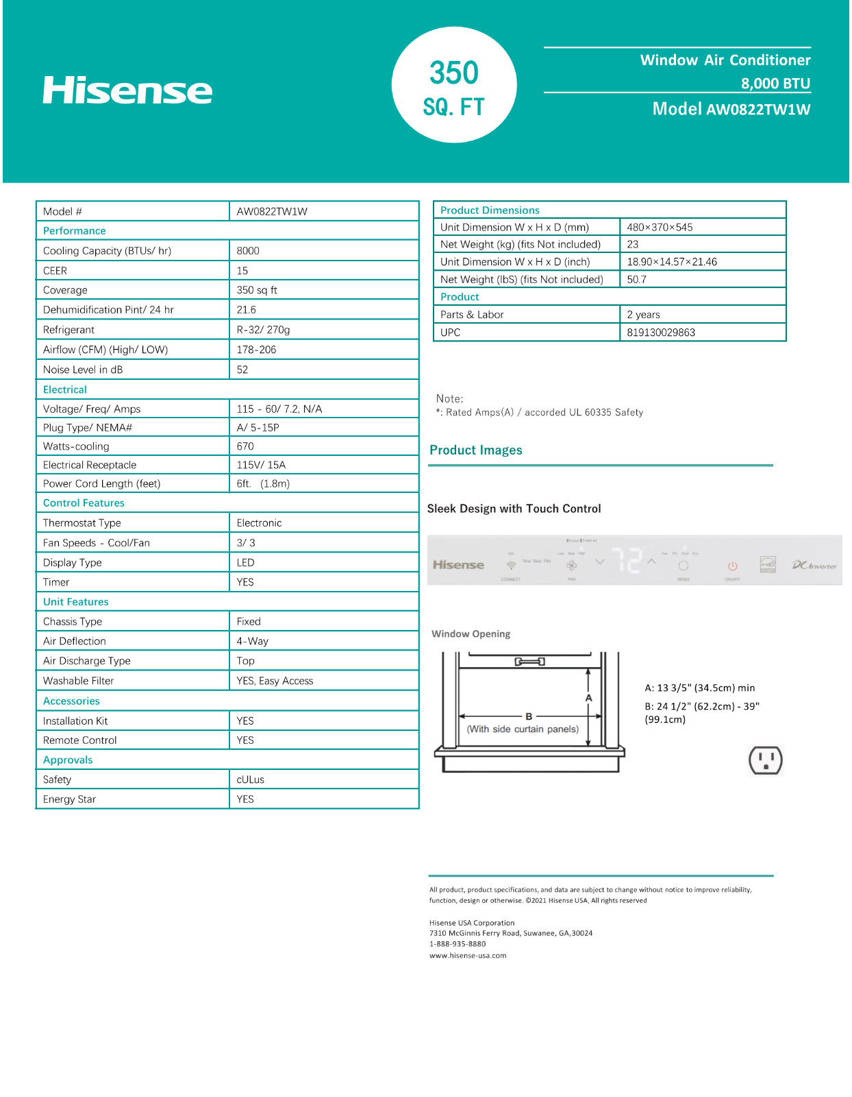 Hisense 8,000 BTU Window AC with Wifi, Inverter, Super Quiet, Energy Star