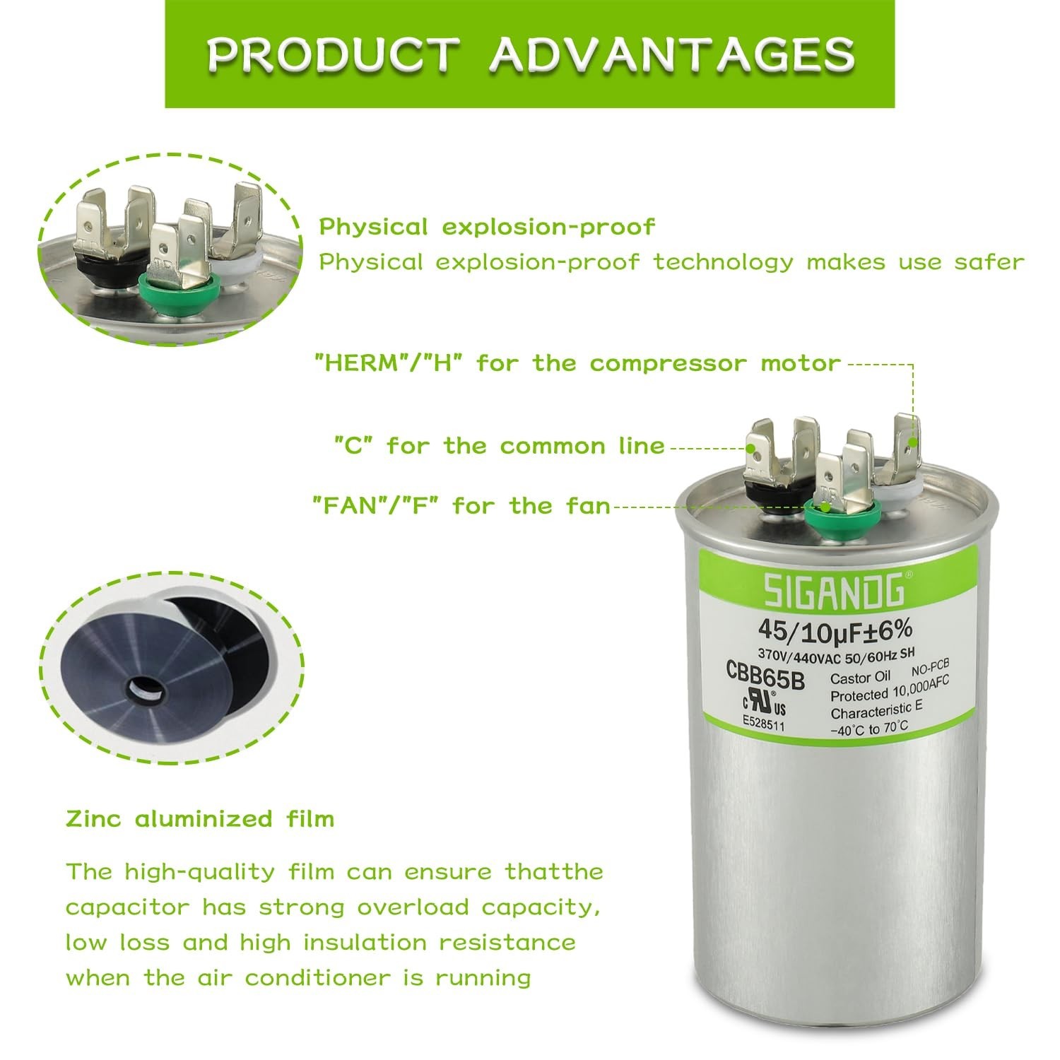 Dual Run Start Capacitor 45/10 uF 370V 440V CBB65 for AC Heat Pump Condenser