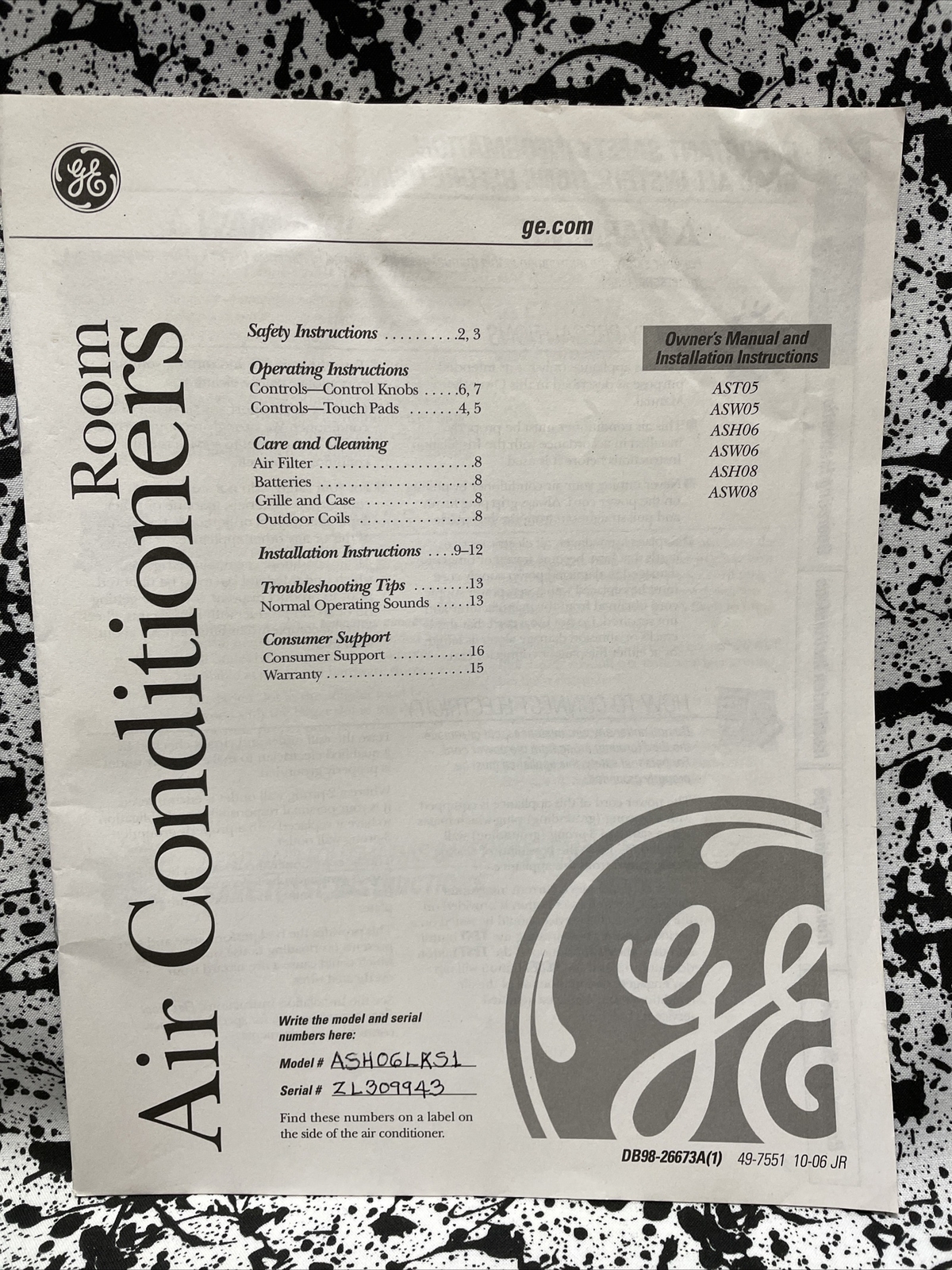 GE General Electric Appliances Air Conditioner ASH06LKS1 Owners Users Manual