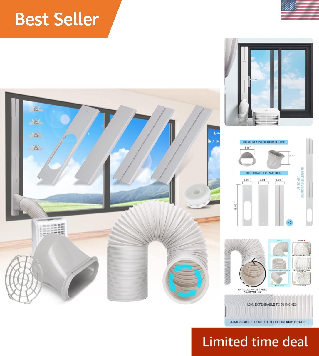 Adjustable Air Conditioner Window Seal Kit with 5.9” Exhaust Hose – Easy Install