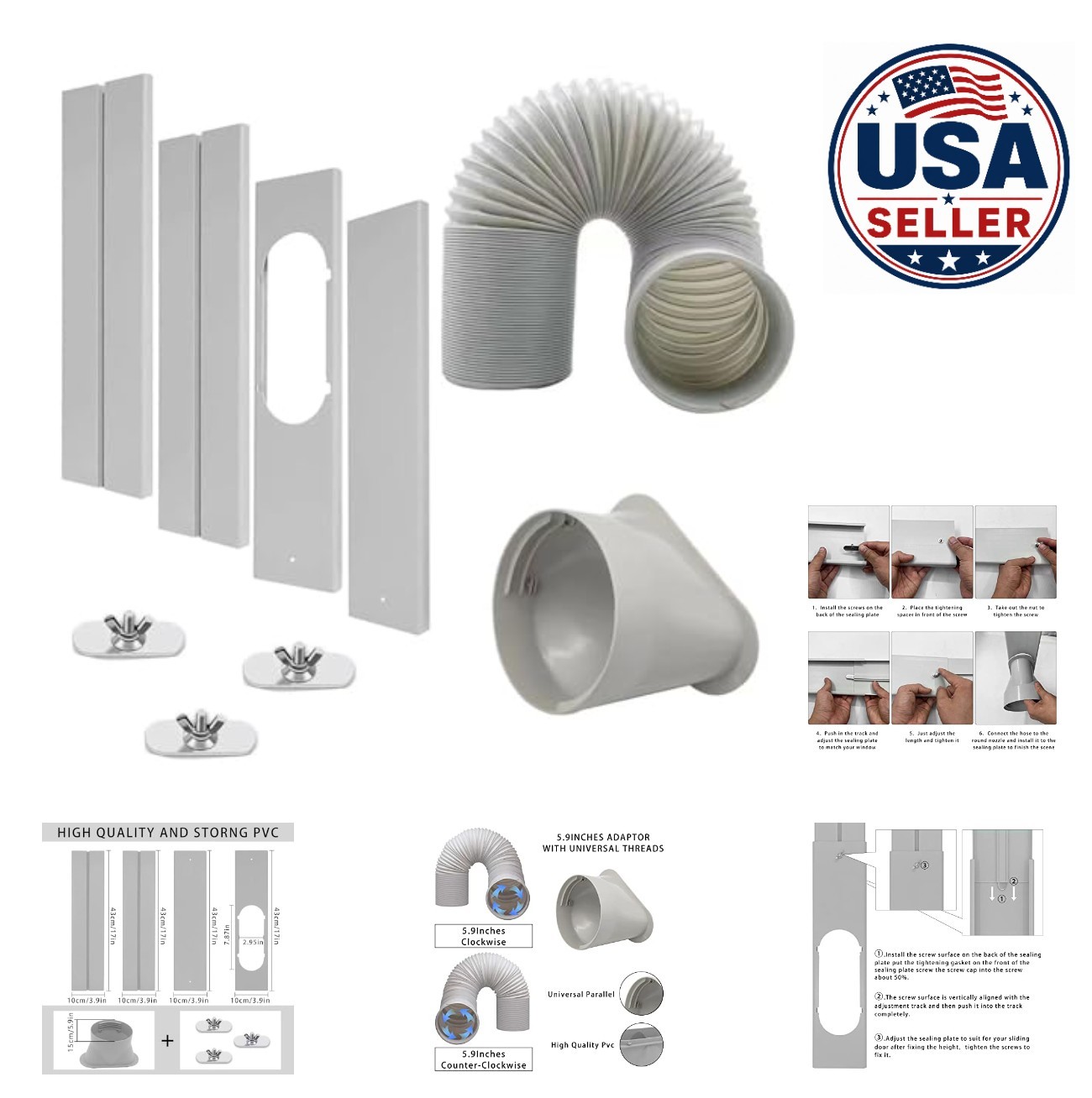 Portable Air Conditioner Window Vent Kit 5.9 Inch 59 Inch Exhaust Hose PVC ABS