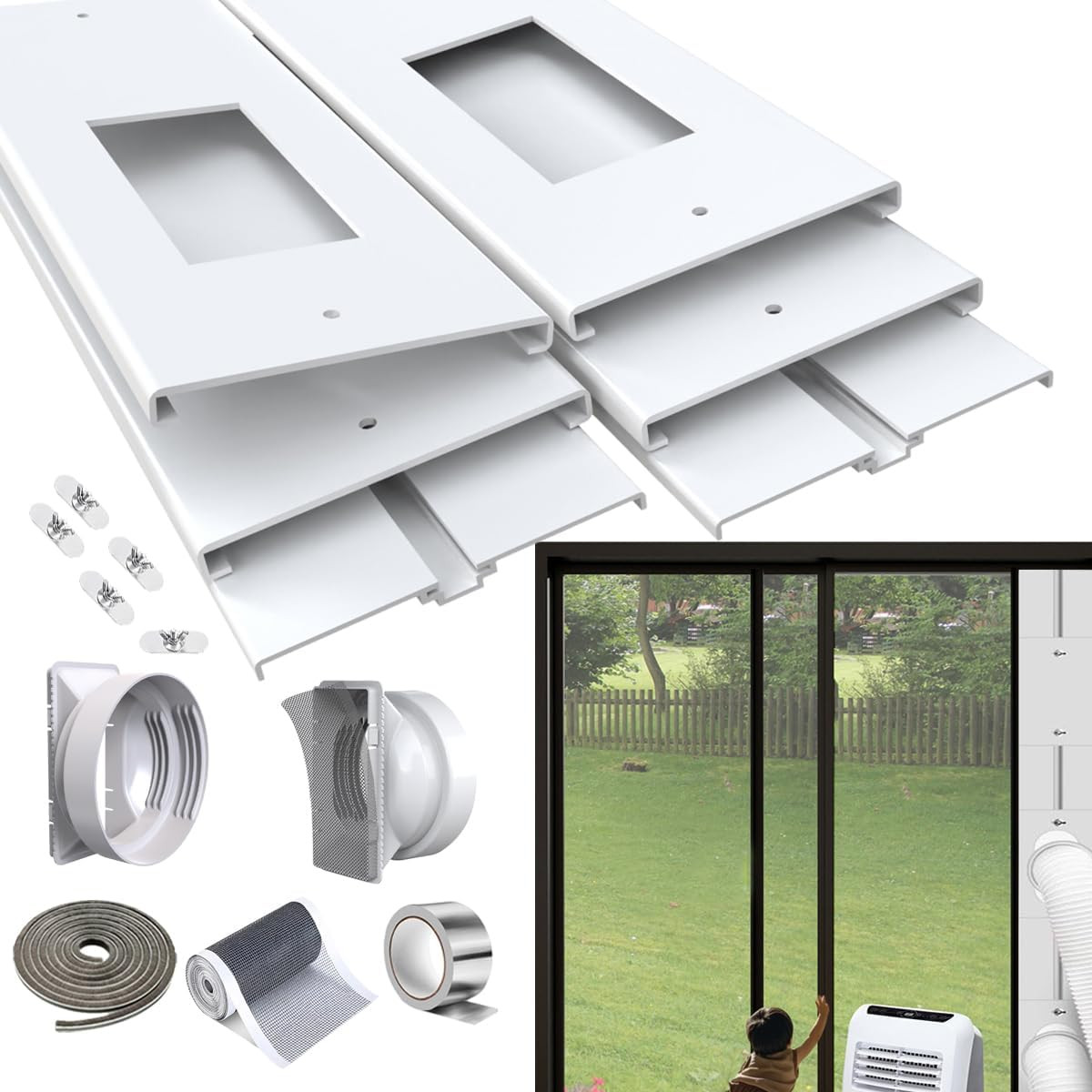 95&Prime; Sliding Door AC Vent Kit for Dual Hose Portable Air Conditioner with Screen