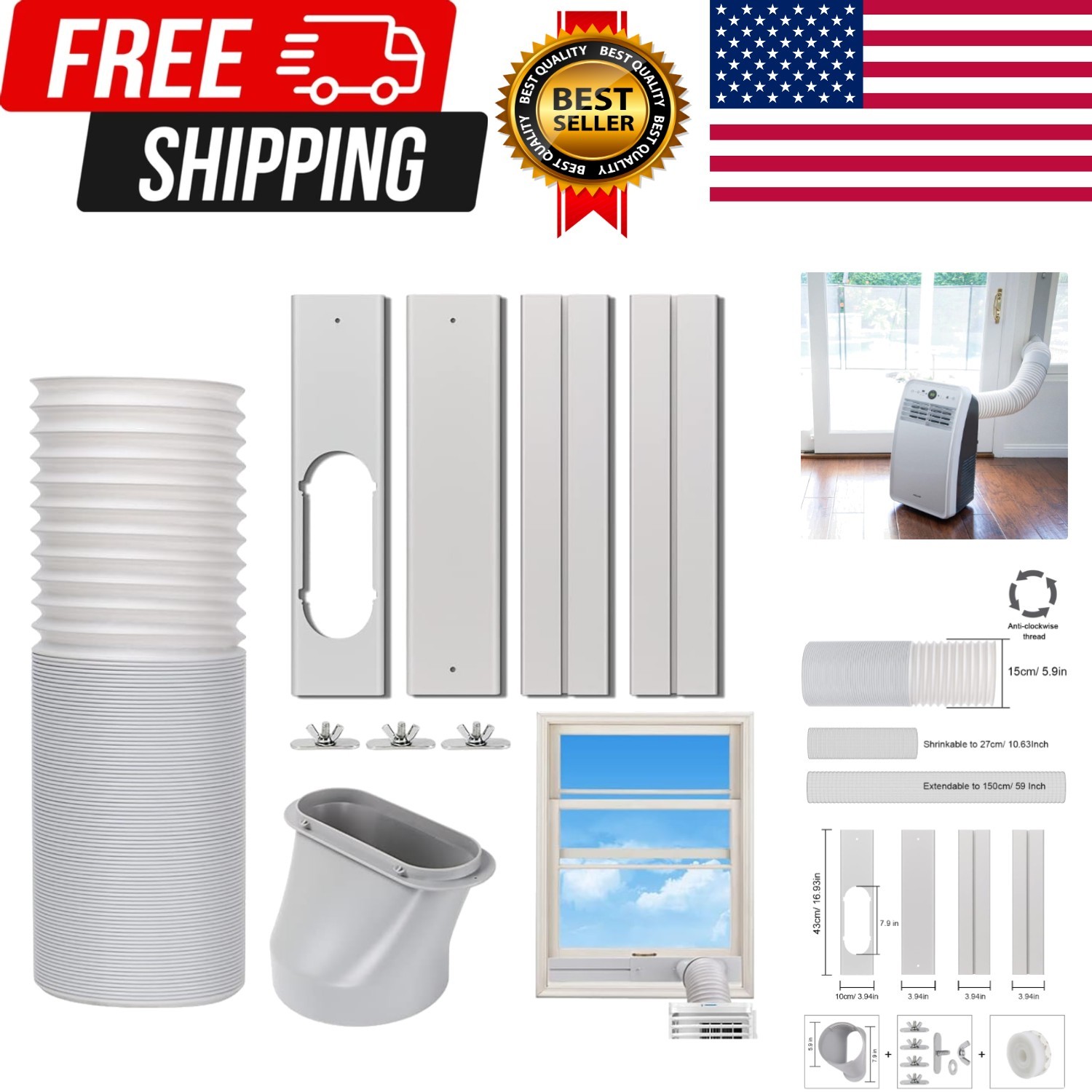 Portable Air Conditioner Window Vent Kit, Adjustable Window Seal with 5.9 Inc…