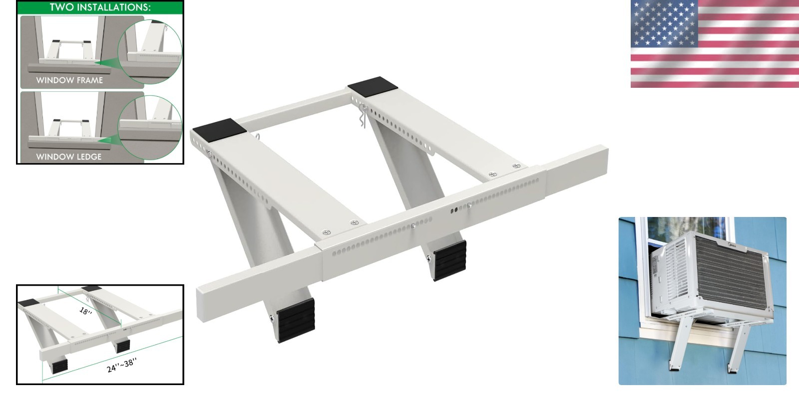 No-Drill Window AC Bracket – Safety Features, Adapts to 24-38&Prime; Windows