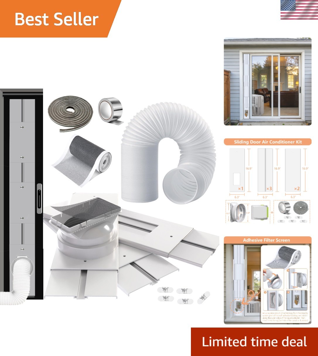 Universal 95&Prime; Sliding Door AC Vent Kit: Includes Φ 5.9&Prime; Hose & Weather Stripping