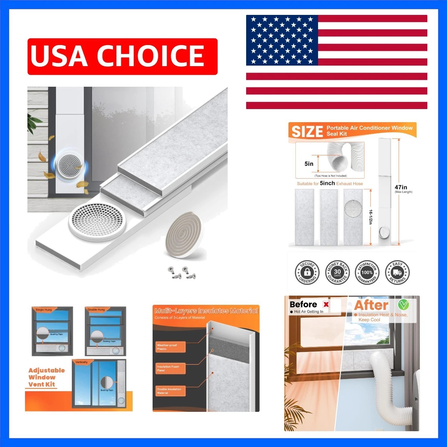 Portable Air Conditioner Window Seal Kit with Insulated Foam Panels, Adjustab…