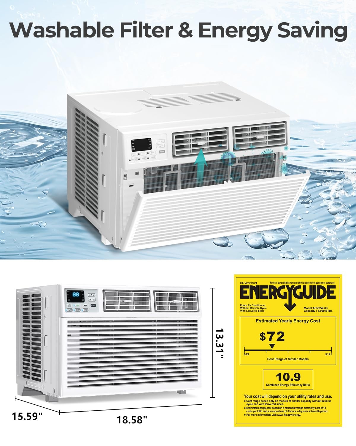Window Air Conditioner 8000 BTU 6-in-1 Modes 24H Timer Remote Control