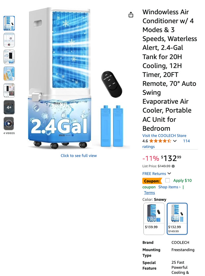 Windowless Air Conditioner w/ 4 Modes, 3 Speeds, 2.4-Gal Tank, Remote & Timer-OB