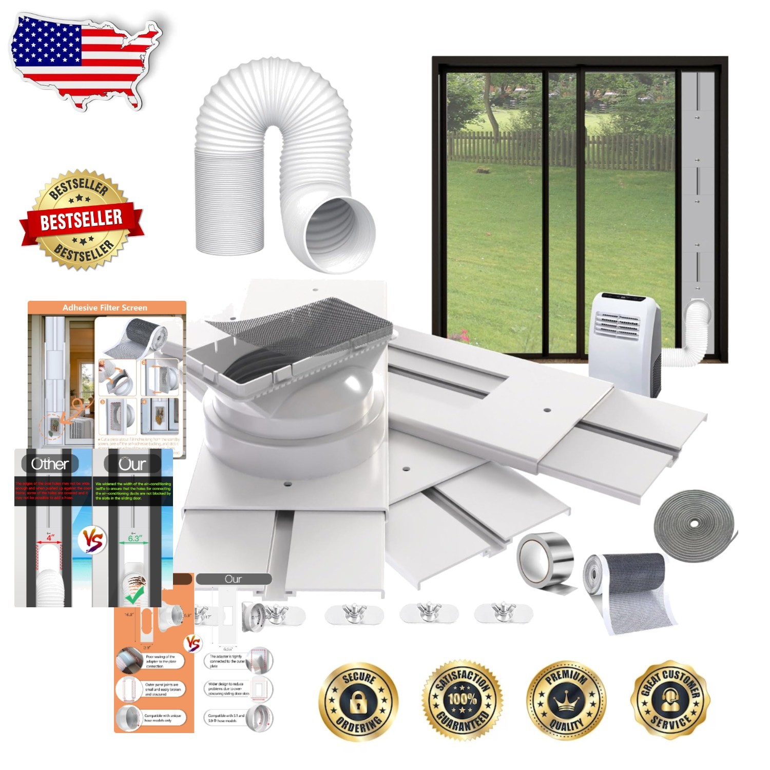 Universal Sliding Door AC Vent Kit – 5.1&Prime; Hose, Airtight Seal, Energy Star Rated
