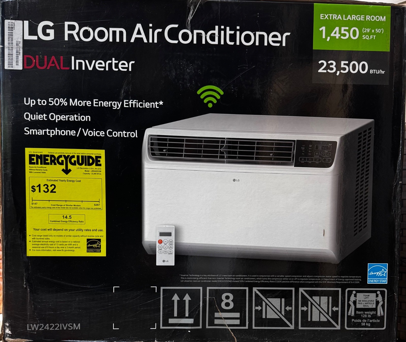 LG room AC., Duel Inverter, 1450 sq ft. 23,500 BTU, phone control with bracket