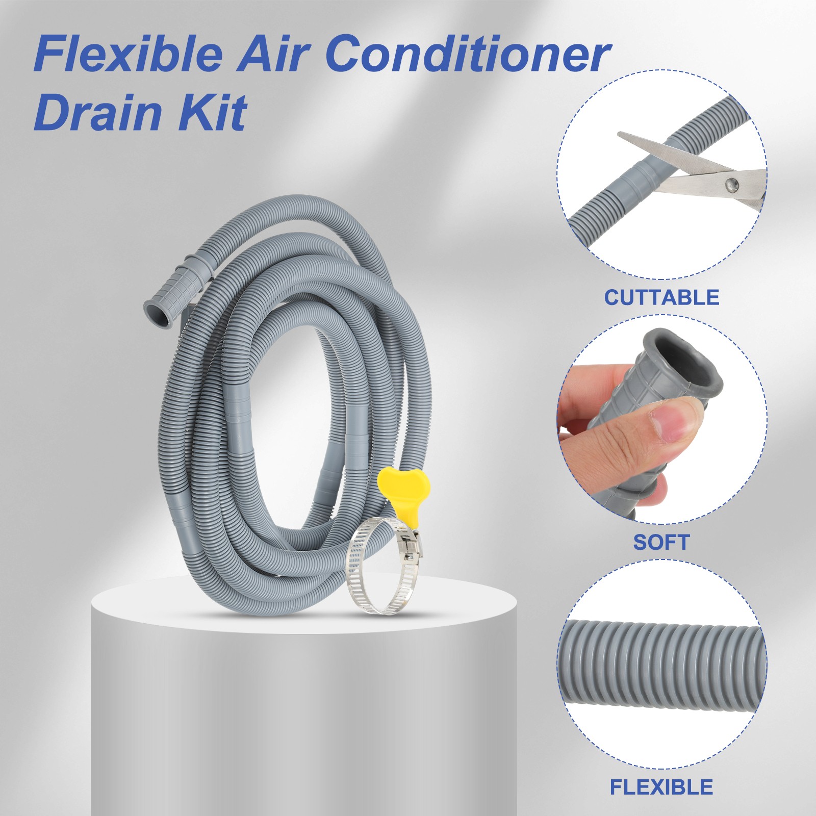 16.4Ft Air Conditioner Drain AC Drain Connector Hose with Clamp Gray 1Set