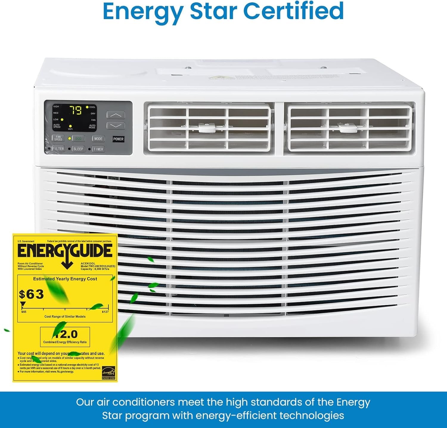 Window Mounted AC 8000 BTU 115V R32 WiFi Air Conditioner Remote Control 350Sq Ft