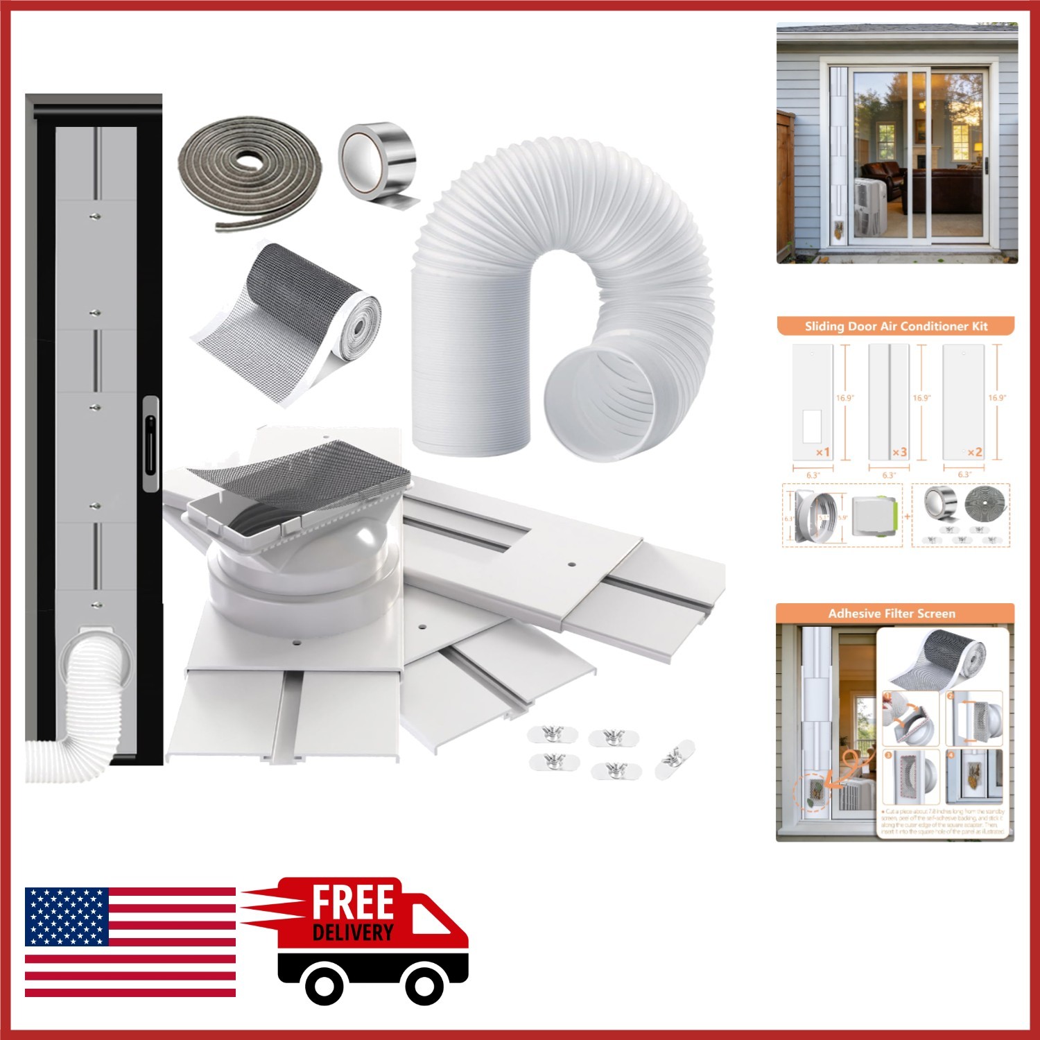95&Prime; Sliding Door AC Vent Kit with 5.9&Prime; Hose & Weather Stripping for Portable AC