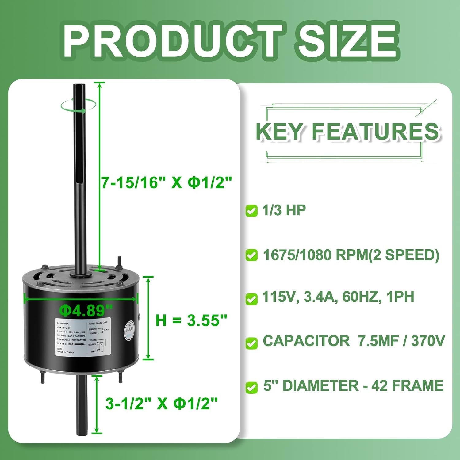 1/3 HP RV Air Conditioner Motor, 1675 RPM, 115V