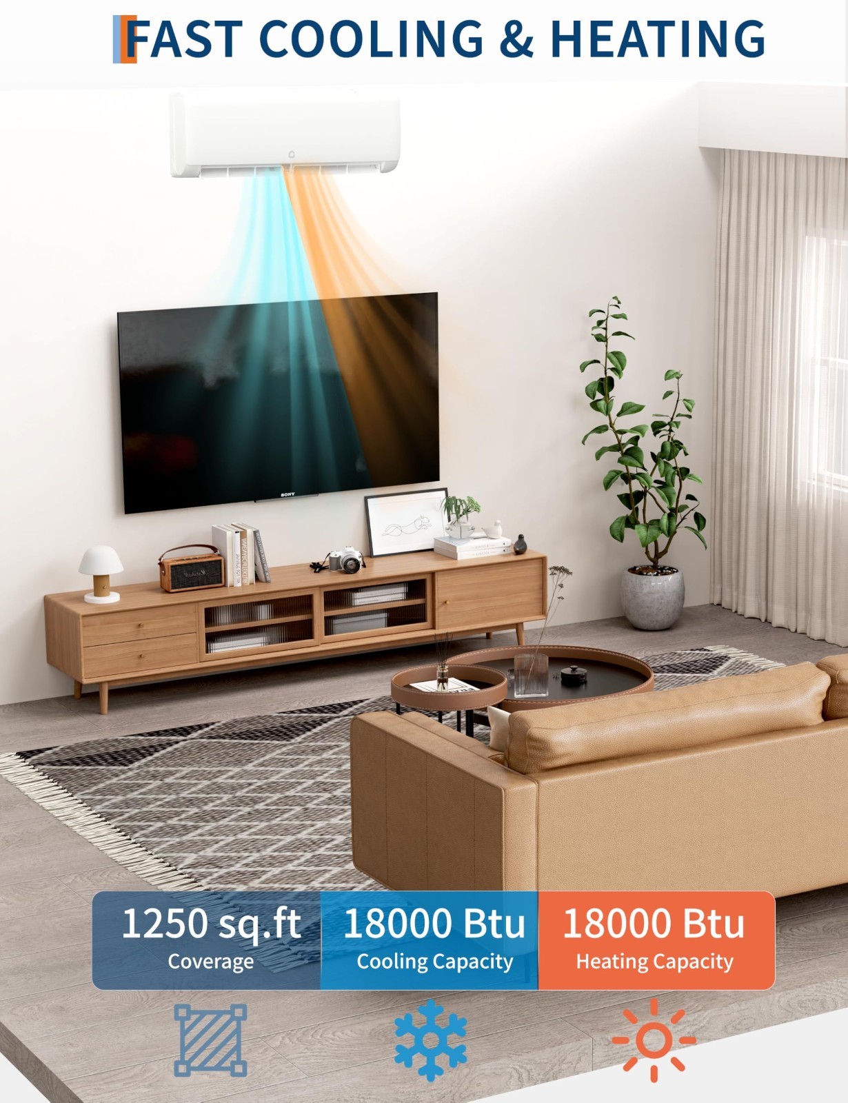 18000 BTU Wall Mounted Mini Split Air Conditioner 19 SEER2 Ductless 1250 Sq. Ft