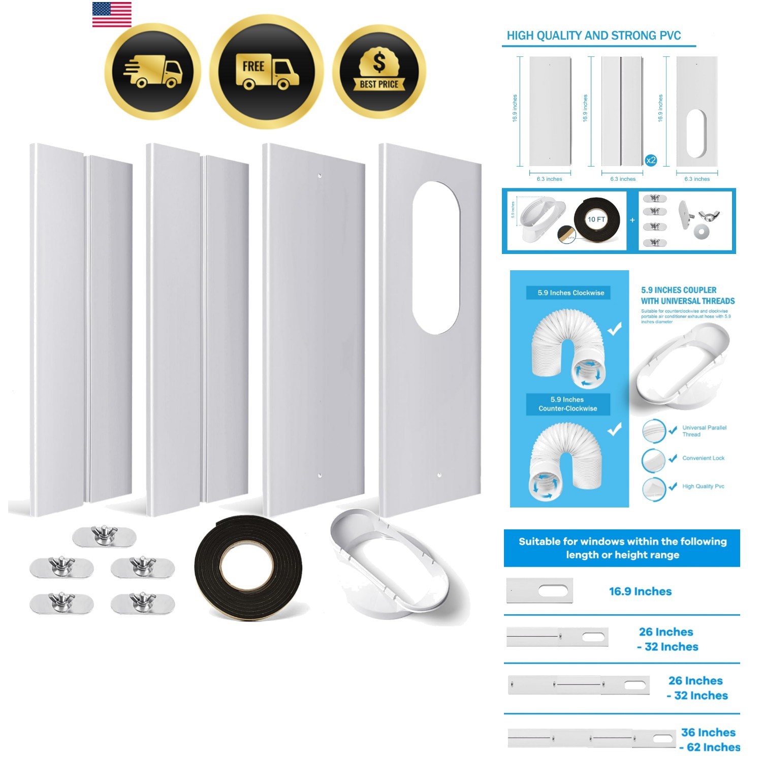 Portable Air Conditioner Window Kit with Coupler Adjustable Window Seal for A…