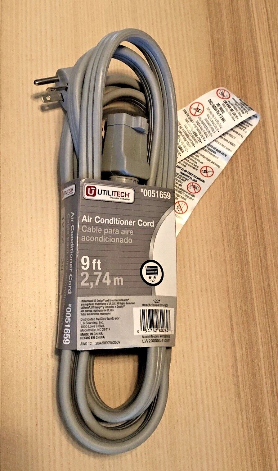 New Air Conditioner Cord 9 Foot Long Three Prong with T Blade Plug