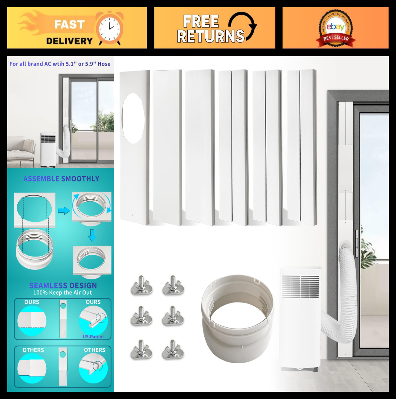 Universal Portable Air Conditioner Sliding Door Vent Kit, Adjustable PVC Seal fo