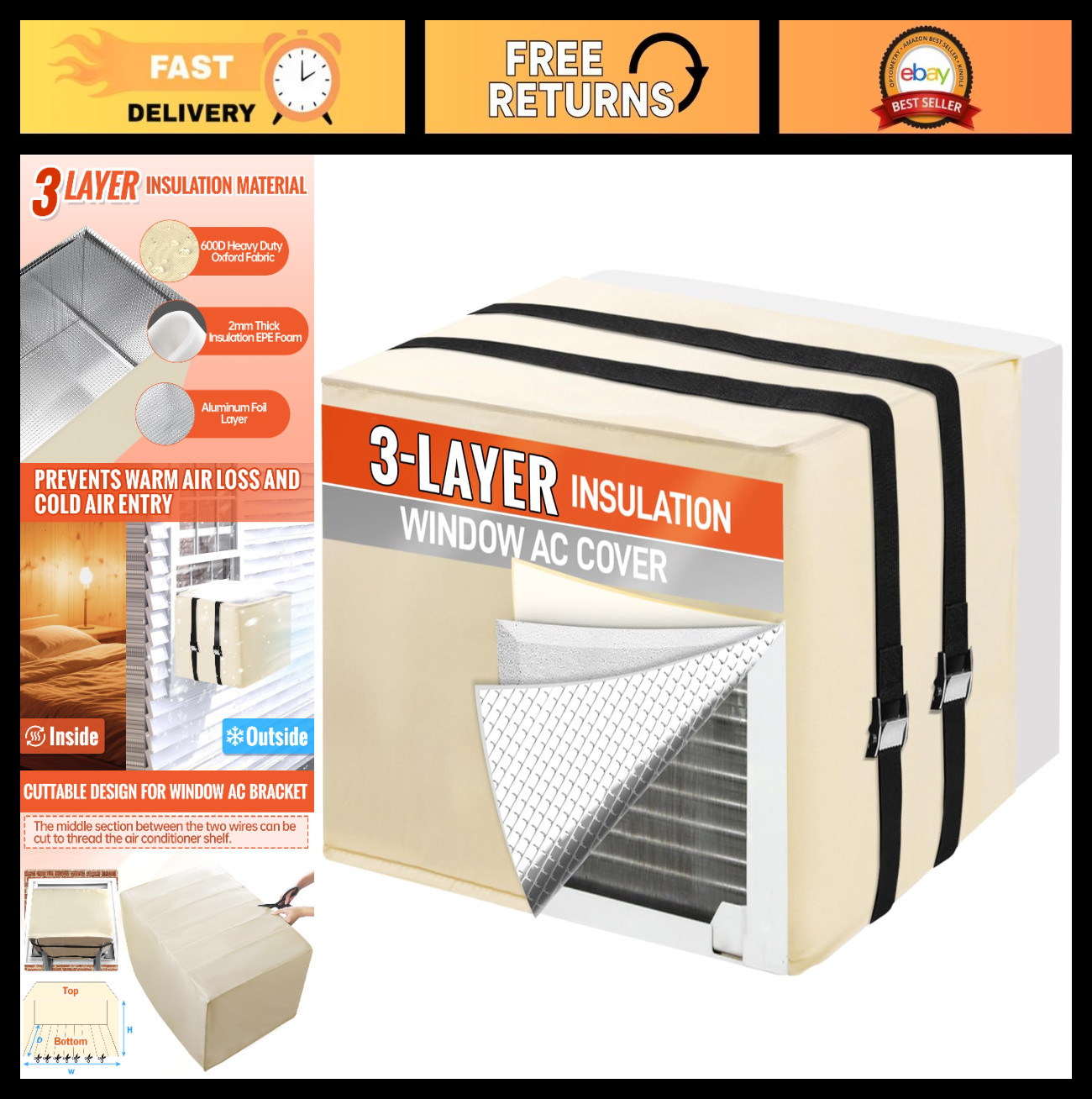 Waterproof Window Air Conditioner Cover – Insulated, Snowproof, 21&Prime;x15&Prime;x16&Prime; – Be