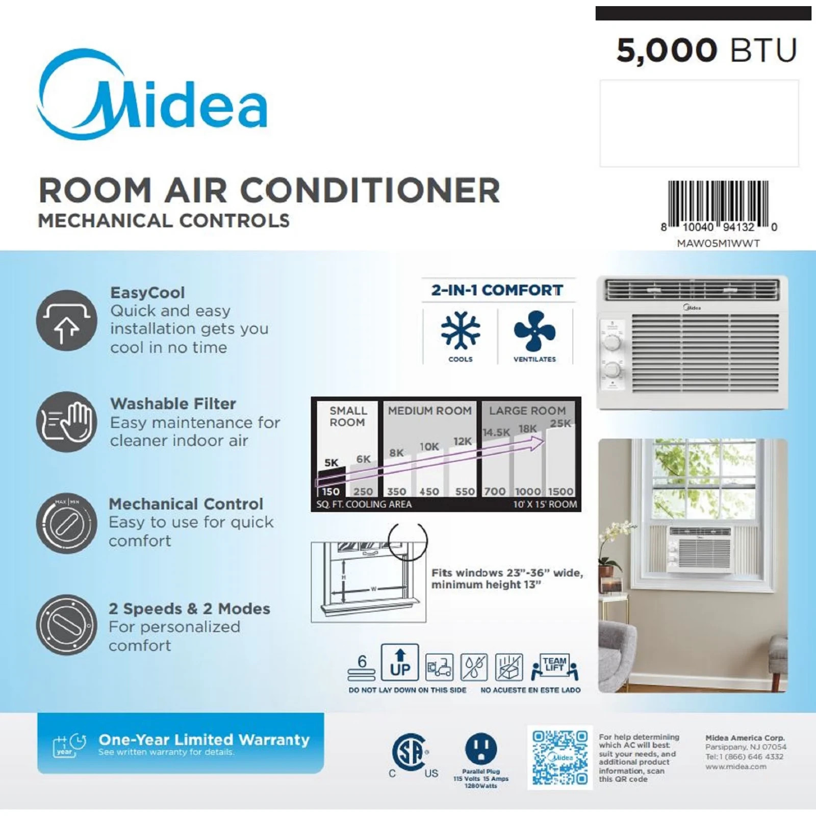 Midea MAW05M1WWT 5000BTU 115V Mechanical Room Air Conditioner – White