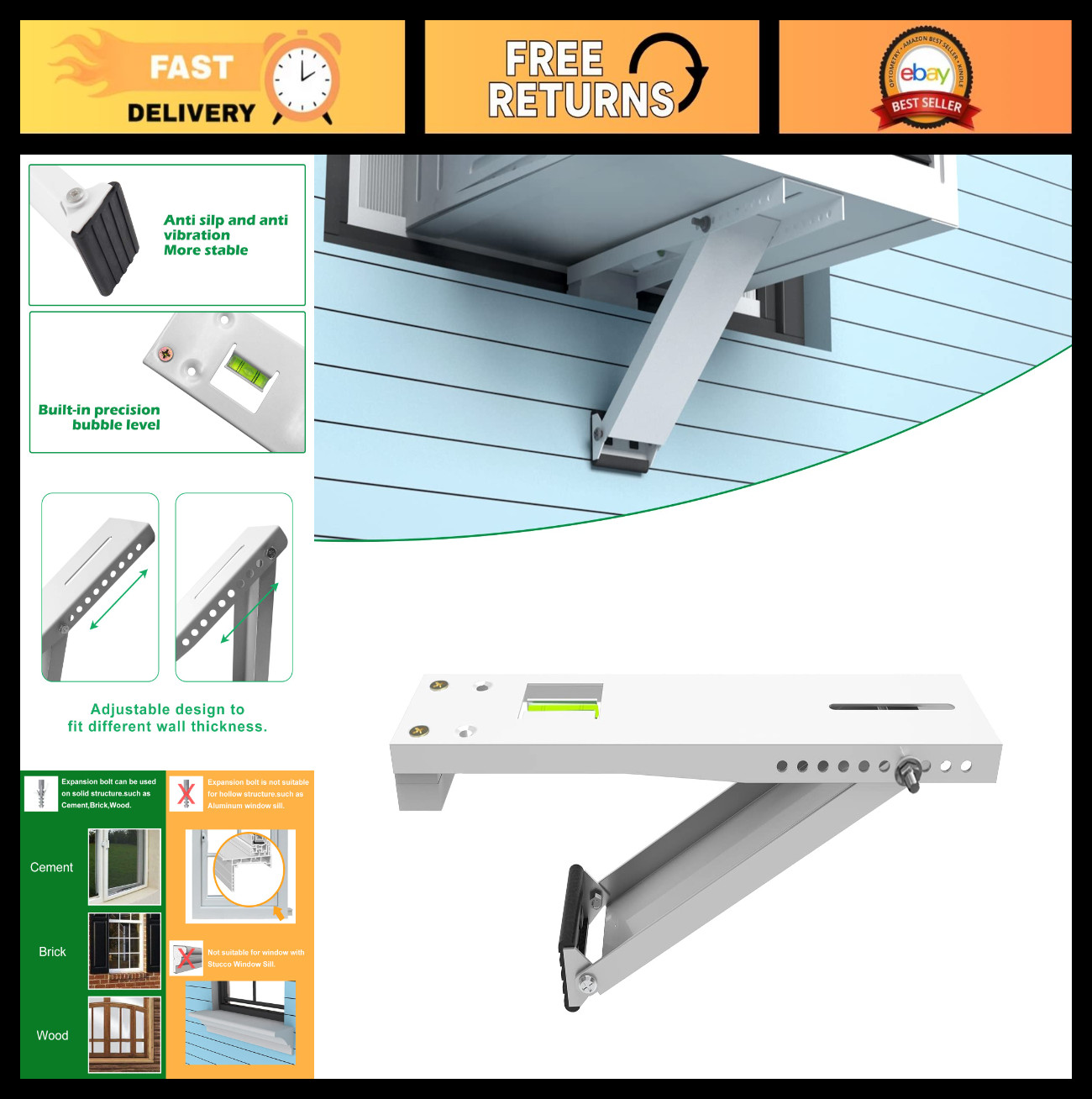 Universal Window Air Conditioner Bracket, Supports Up to 88 lbs, Fits 5,000-12,0
