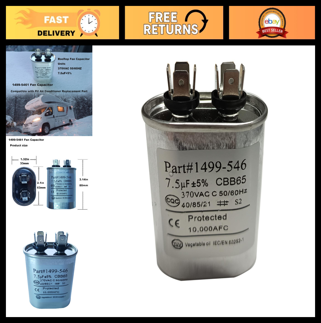 Fan Capacitor for RV Air Conditioner, 7.5 F, 370 VAC, Oval Metal Mount, Fits Col
