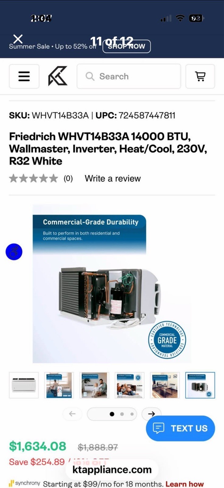 Friedrich 15200 BTU Heat Cool 230V Through the Wall Smart Air Conditioner AC