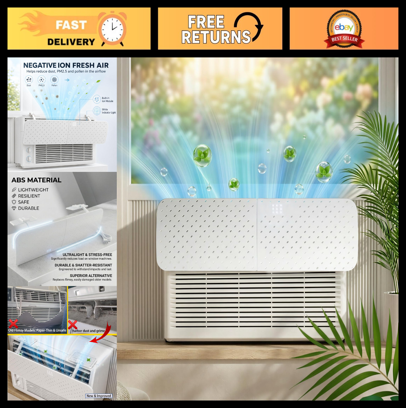 Adjustable AC Vent Deflector with Negative Ion Purifier for Window Units – Cool