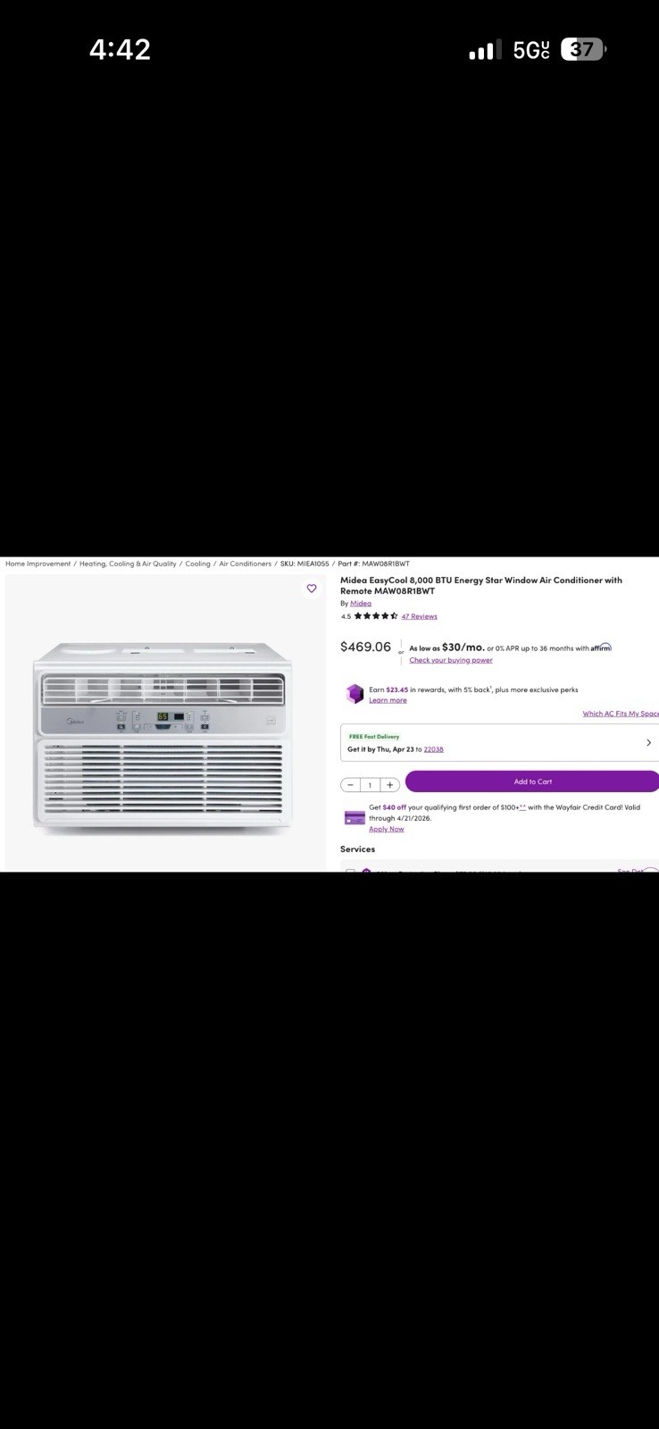 Midea EasyCool MAW08R1BWT 8000 BTU Energy Star Window AC Remote Timer White