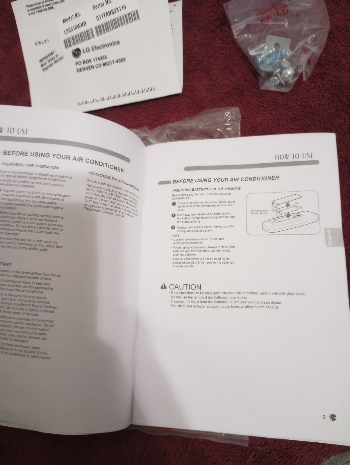 LG #LP0910WNR Air Conditioner Original User Instructions Owner&rsquo;s Manual