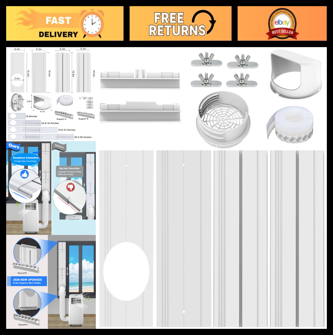 Portable Air Conditioner Window Kit – Universal Coupler for 5.1&Prime;/5.9&Prime; Hose, Vent
