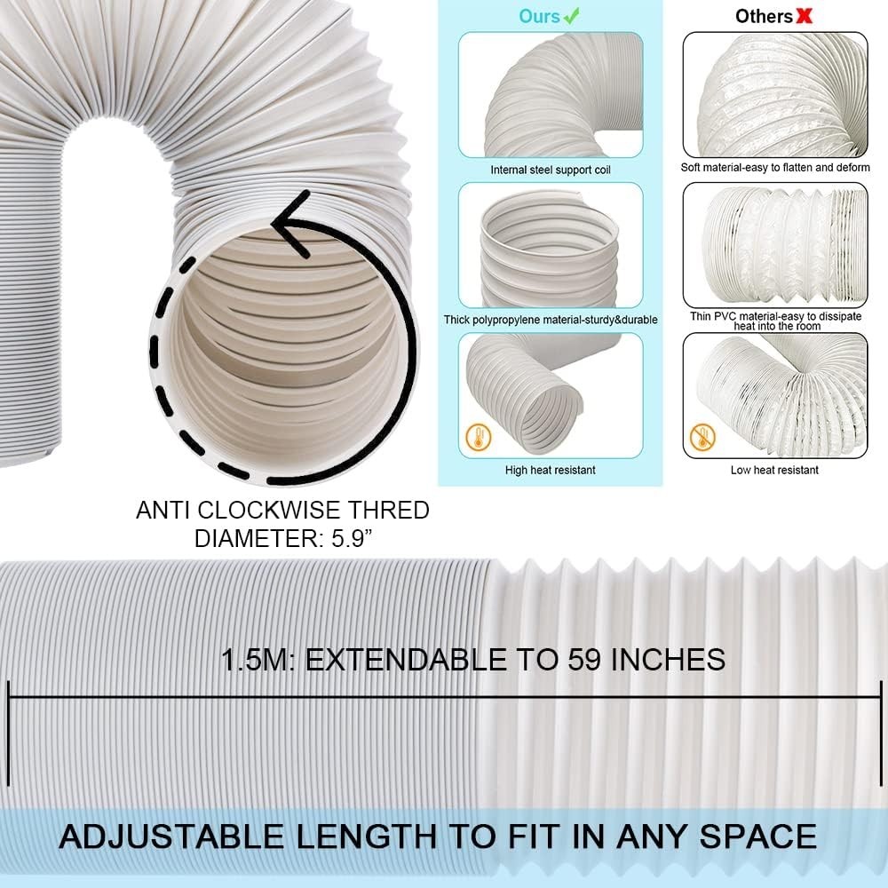 5.9&Prime; Exhaust Hose Portable AC Window Kit for Horizontal & Vertical Windows
